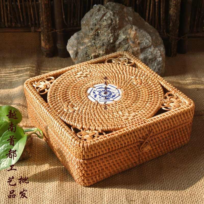 越南秋藤手工编织盒工艺品镂空方形收纳盒普洱茶饼二片装茶盒礼盒