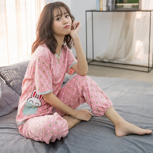夏季睡衣女夏薄款纯棉短袖长裤加肥加大码全棉女士妈妈家居服套装