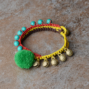 Ethnic anklets hand-cast bronze bells-green pompon with turquoise Thailand anklet boho 07013