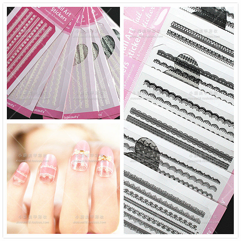日系超薄黑白蕾丝花边美甲贴纸大张 3D背胶光疗指甲贴花新娘饰品,彩妆/香水/美妆工具,美甲工具,淘宝优惠券,粉丝福利购,淘宝优惠卷