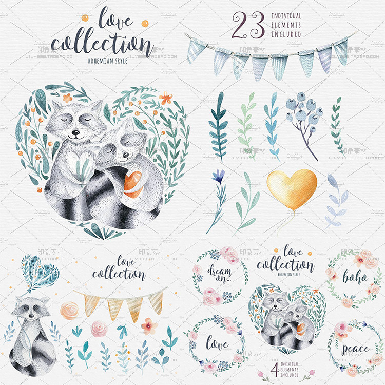 手绘水彩情人节爱心浣熊花卉羽毛花环邀请函贺卡PNG免抠图片素材