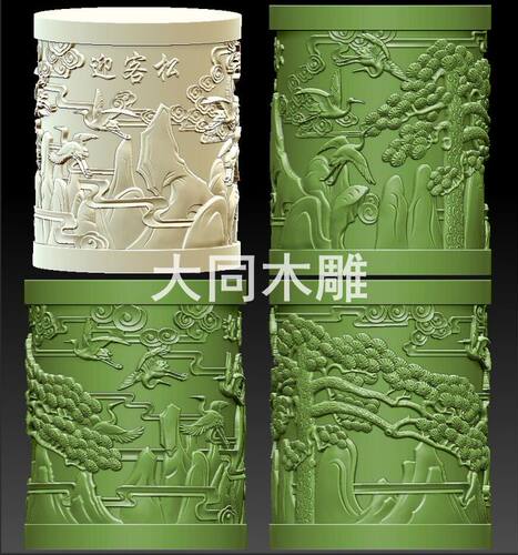 圆雕图 三维立体 stl OBJ 3d 模型 核雕 桶珠 松鹤笔筒