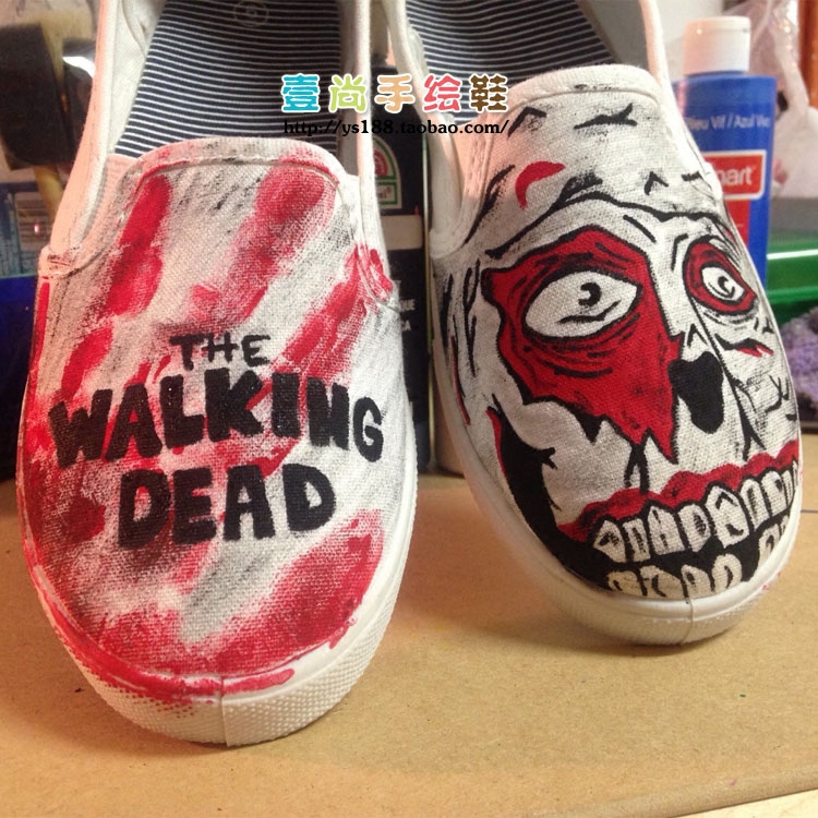 欧美重口味行尸走肉涂鸦帆布鞋The Walking Dead另类手绘套脚鞋