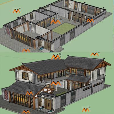 西南地区四川农村仿古建筑民居农村别墅住宅三合院民宿客栈SU模型