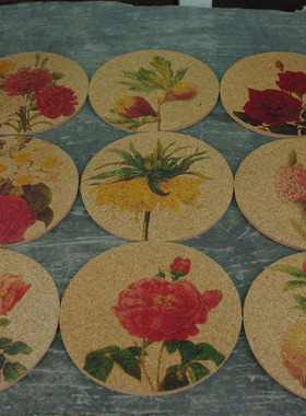 中式欧式复古花卉图案软木杯垫套装 手工印制 旧物风 满20元包邮