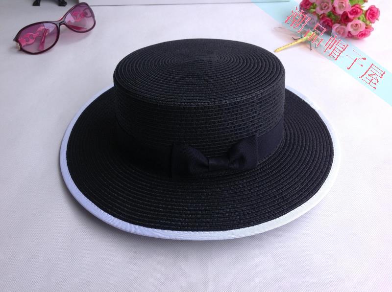 英伦赫本小香门襟黑色平顶平边宽边礼帽牛仔绅士包边草帽遮阳休闲