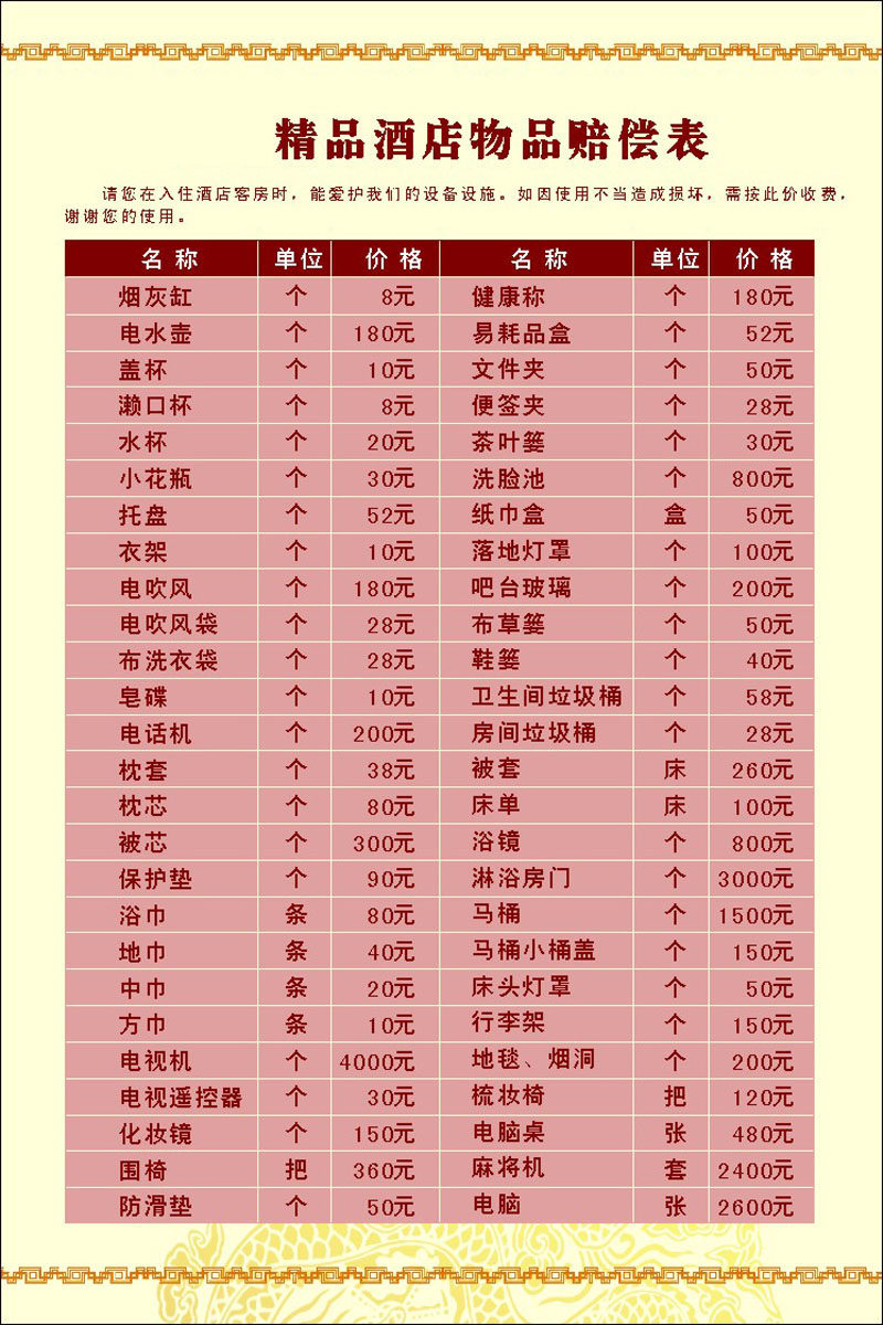 210海报印制展板素材7816酒店物品赔偿表