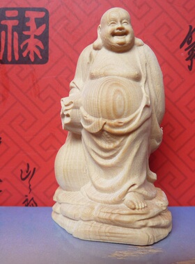 微雕木雕2寸原色黄杨小木雕工艺品摆件手把件 布袋弥勒佛
