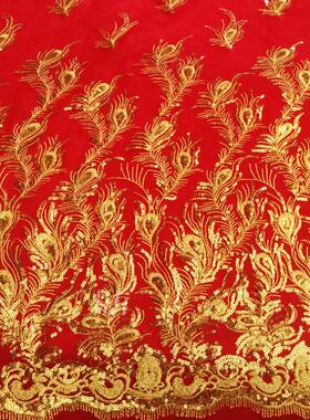 红色新娘婚纱晚礼服布料 网纱亮片绣花蕾丝面料 喜庆面料 一米价