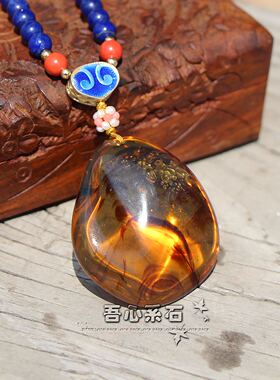 『系石苑原创』天然缅甸琥珀爆花水滴款配青金小叶紫檀珍珠项链钏