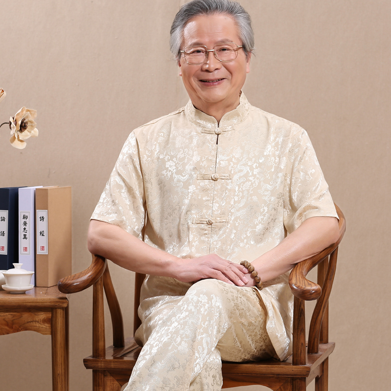 夏季男装短袖爸爸装唐装套装中老年人爷爷装夏装汉服丝质男士唐装