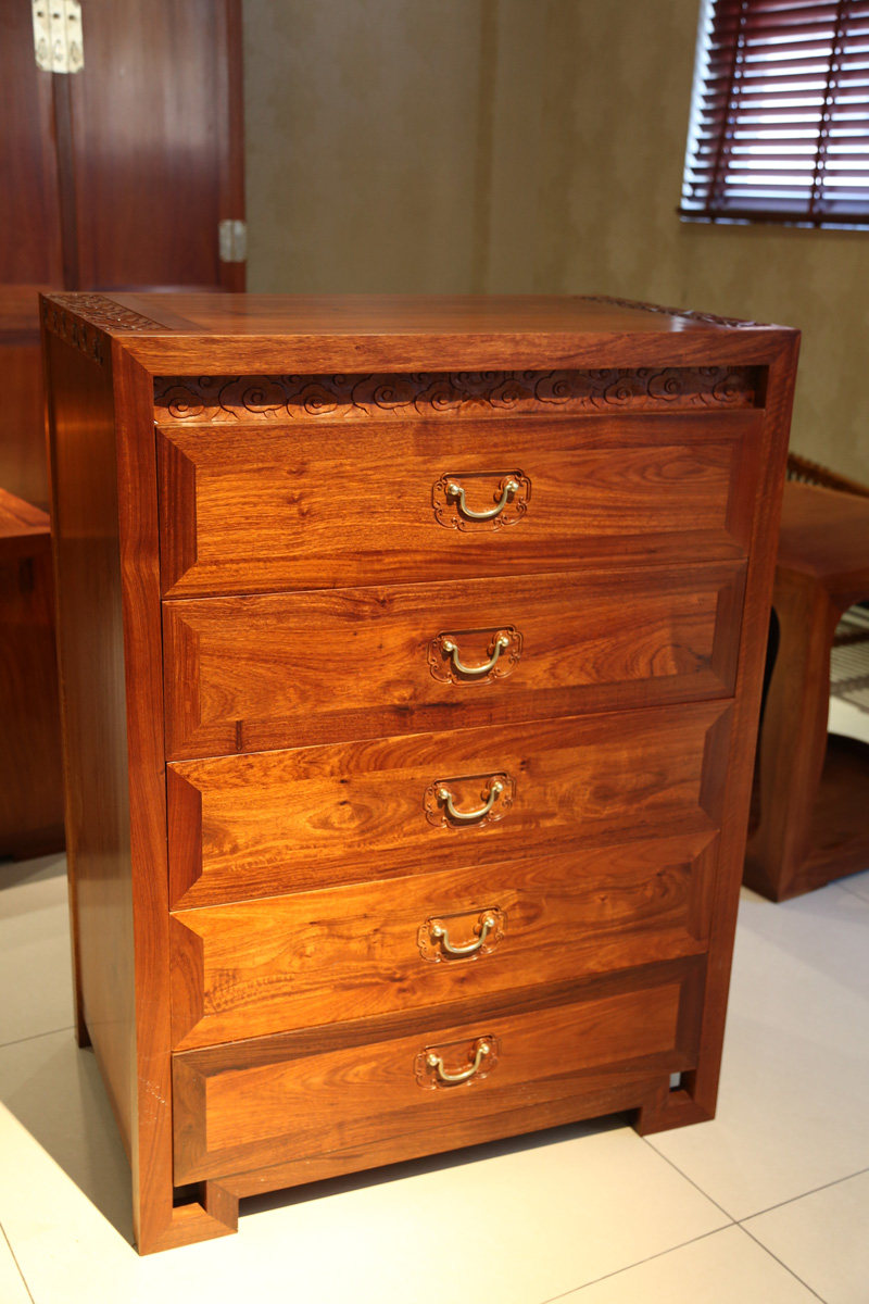 兰福红木 大果紫檀缅甸花梨五斗柜 新古典风 五福祥云五斗柜