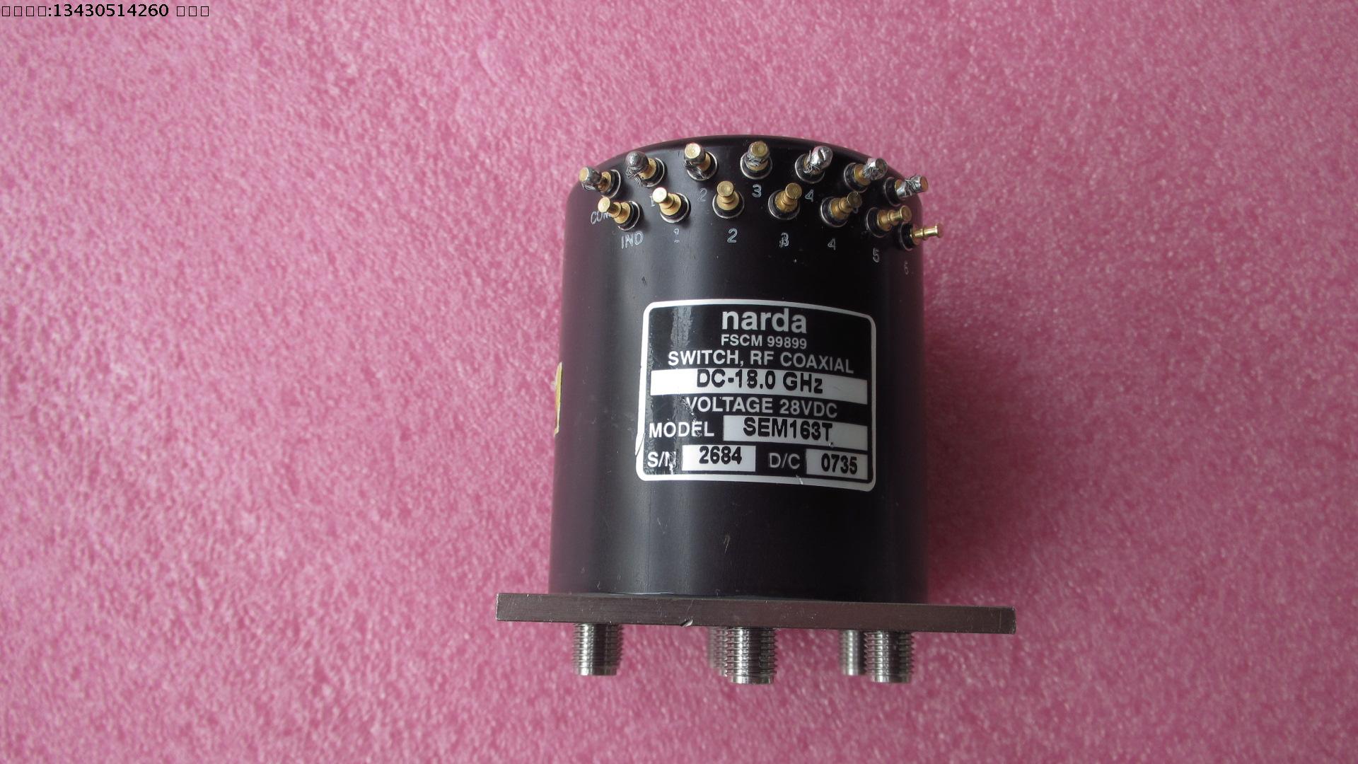 美国NARDA公司 SEM163T SP6T DC-18GHz 450W  28V SMA 射频微波继电器同轴开关   质量包好，包能用  可提供详细测试图 请放心购买 频率范围：DC-18GHz  带内匹配50欧姆负载 插损：0.4dB 隔离度：80dB 输入最大功率：450W 工作电