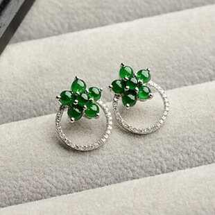 正品缅甸天然翡翠蛋面满绿花形玉耳钉A货18K白金镶玉耳环女款