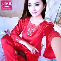 2019 đỏ xuân và mùa thu nữ đồ ngủ dài tay lụa mỏng ren gợi cảm phục vụ nhà nữ mùa hè phù hợp với hai mảnh - Giống cái đồ ngủ lụa