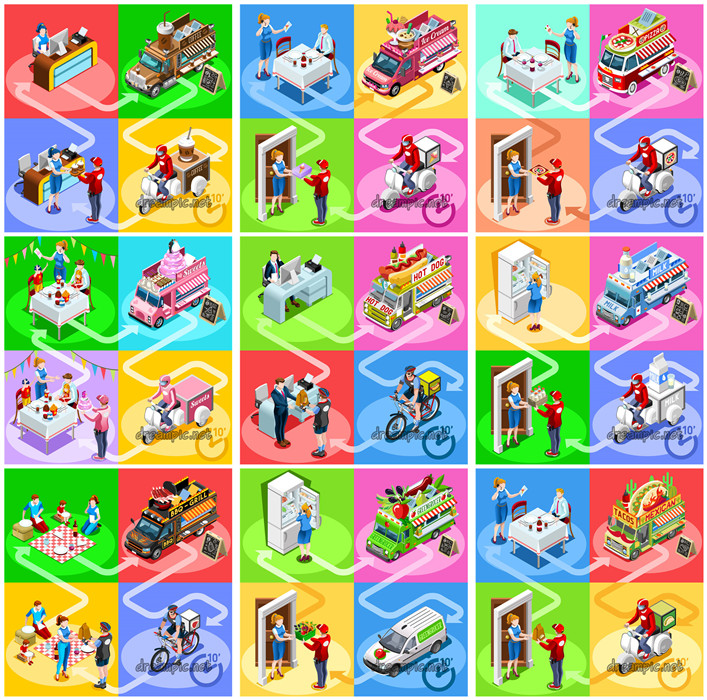[517]扁平化Isometric街头小吃车餐厅送外卖场景图AI矢量设计素材