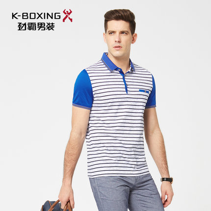 劲霸男士短袖丝光棉T恤夏季新款条纹短袖T恤拼接POLO衫FTBJ2376