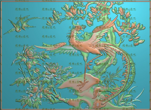 高清设计素材精雕图jdp灰度精品凤凰牡丹玉兰背板727x532新款特价
