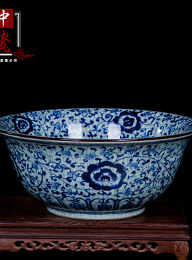 仿官窑裂纹釉青花瓷大碗 大号 瓷器鱼盆缸 居家客厅装饰瓷器摆件
