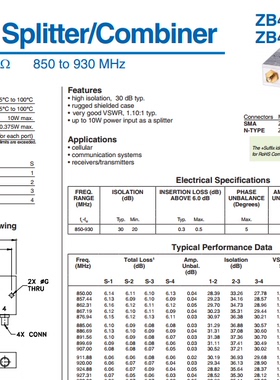 850-930MHz 射频一分四功分器 代替 ZB4PD1-930  Mini-Circuits