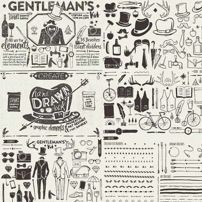 A2484矢量手绘线稿复古男士时尚物品花纹礼帽线条PNG+AI设计素材