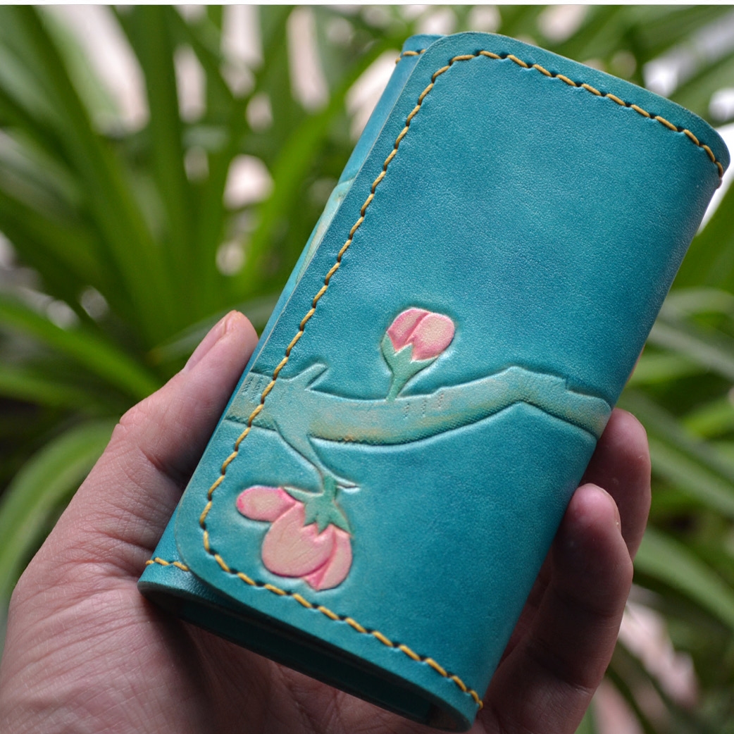 真皮头层皮植鞣手工皮雕染色钥匙包梅花唯美冷古典中国风钥匙扣女