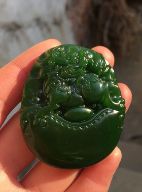 碧玉元宝菠菜绿麒麟证书吊坠