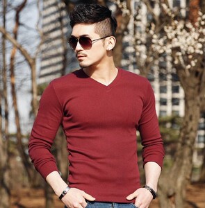 定制秋季韩版纯棉修身内搭休闲男士V领长袖T恤纯色紧身打底内衣