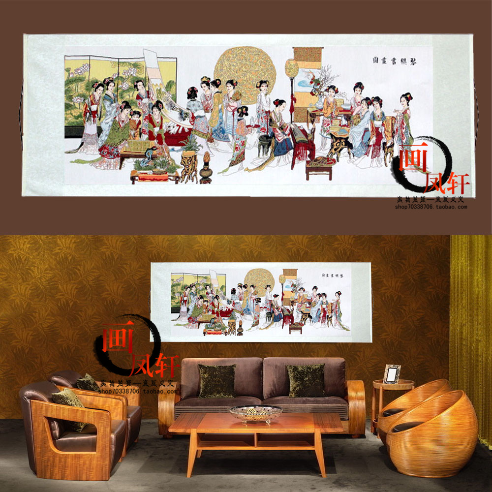 琴棋书画挂画横幅书房客厅现代装饰织锦卷轴刺绣山水国画中国特色图片