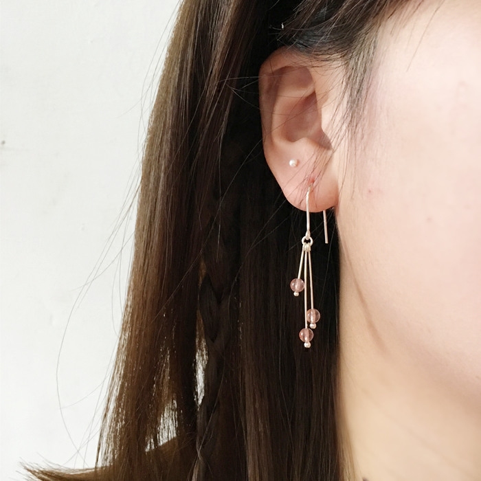 手工足银999纯银耳钩天然草莓晶