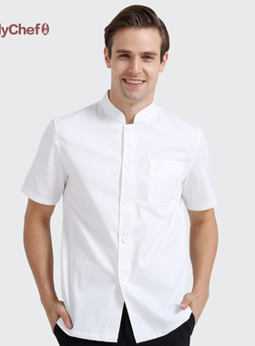 男女厨师工作服女食品厂面包房定制厨师服短袖纯白夏装制服单排扣