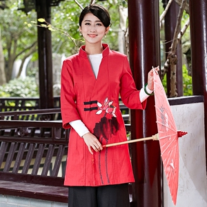 嫣语江南中国风女式中长款盘扣棉麻风衣水墨印花棉麻女式上衣