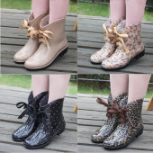 新款 韩国雨靴蝴蝶结系带水靴可加棉绒雪地靴套鞋 时尚 短筒女雨鞋