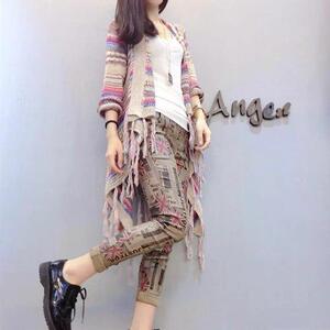 春装新款女装民族风条纹不规则流苏针织开衫夏大码披肩外套潮