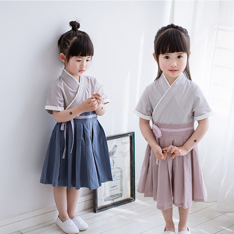 汉服女童春秋装改良棉麻短袖古装