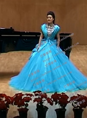 孔雀蓝色包肩V领奢华闪钻大蓬蓬裙音乐会声乐歌唱比赛演出礼服服