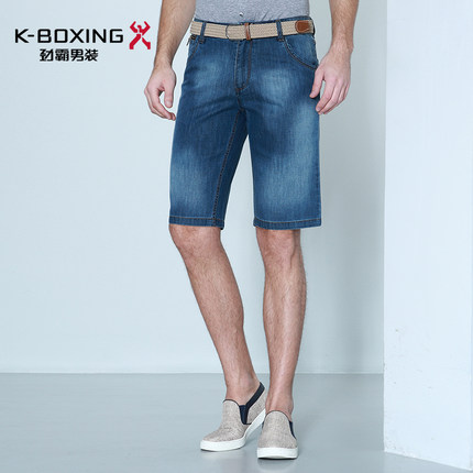 劲霸男士商务牛仔裤 夏季中腰休闲直筒裤 纯棉合身水洗磨白五分裤