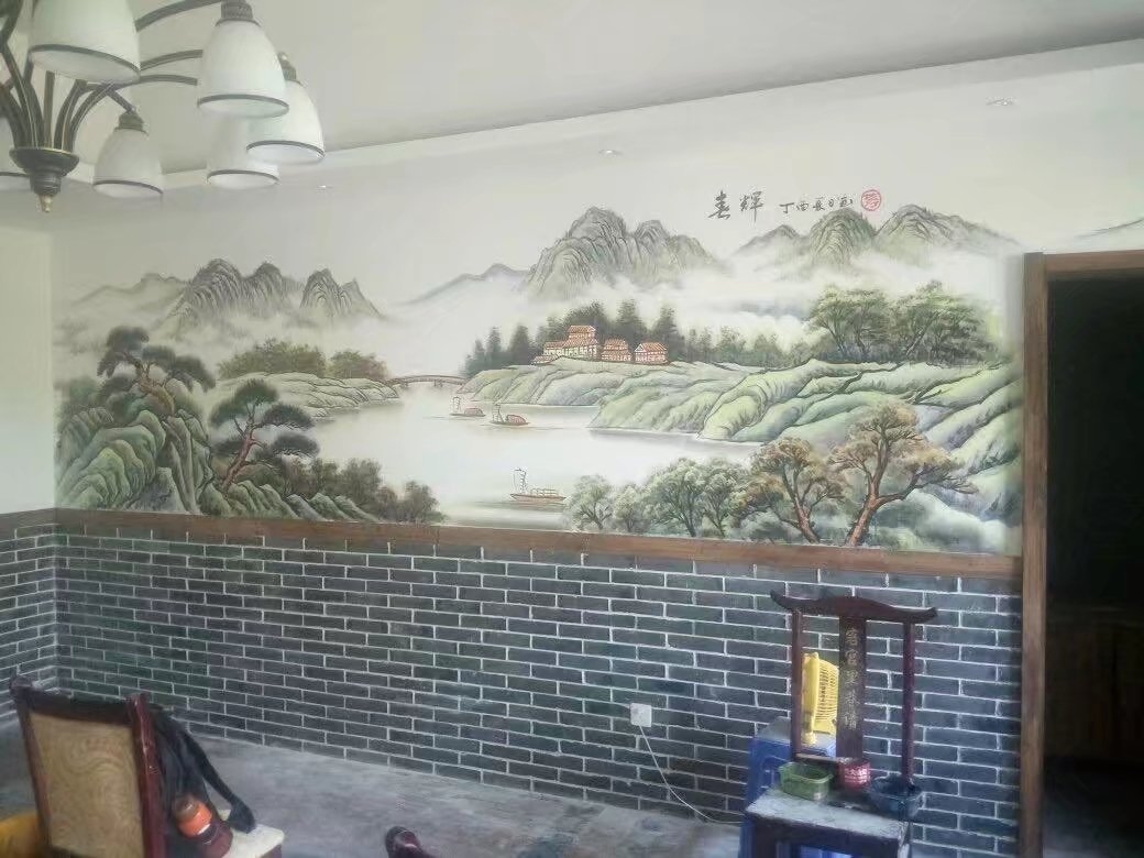 手绘 墙绘壁画 背景墙 手绘饭店墙壁 主题酒店餐厅壁画中式山水