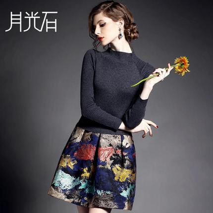 月光石欧洲站秋季新款针织连衣裙拼接印花弹力修身A字裙3466