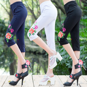 2023夏装新款刺绣花修身打底裤民族风女装休闲大码纯棉七分裤中裤