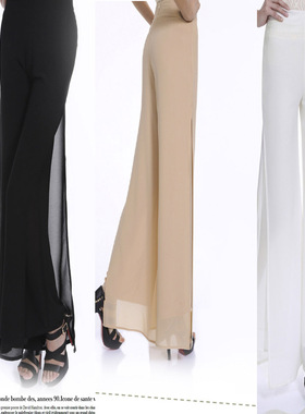 夏季薄款雪纺直筒高腰长裤夏天女土开衩跳舞阔腿裤腿裤子括扩腿裤