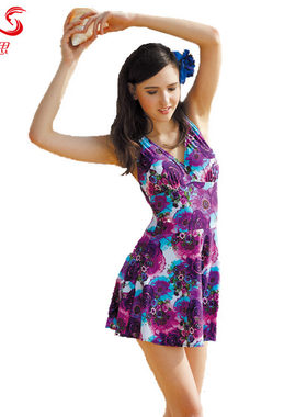 专柜正品华黛思高档品牌泳衣女魅紫色显瘦连体裙裤加大码