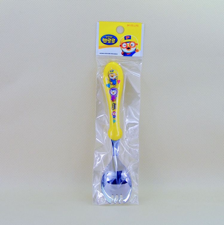 韩国原装进口小企鹅pororo不锈钢儿童勺叉一体宝宝黄色勺叉餐具