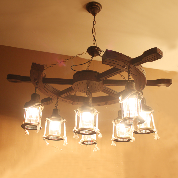 美式乡村复古实木麻绳吊灯中式客厅灯个性创意仿古酒吧吊灯咖啡灯