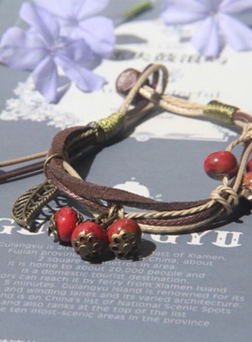 民族风皮质红色桃花运配饰手串