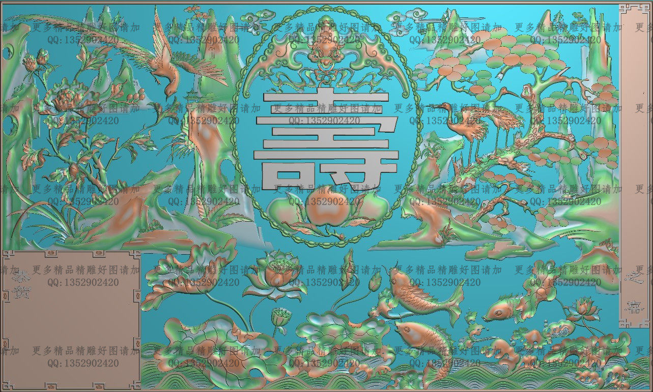 挂屏精雕图松鹤山水灰度荷花鱼浮雕精品蝙蝠寿桃福寿挂扁990x595