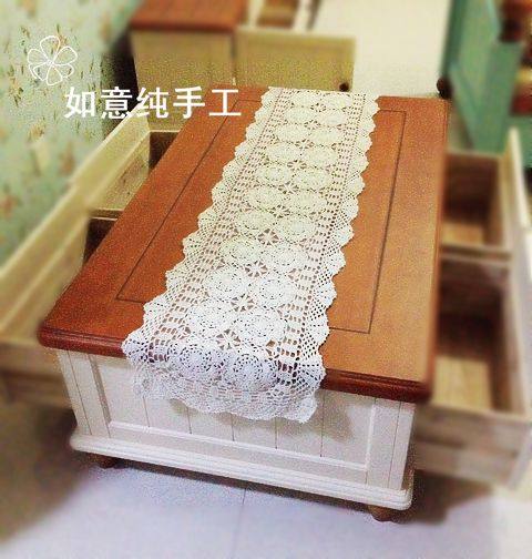 手工钩针钩花茶几装饰巾 美式田园纯棉蕾丝镂空编织柜子盖布 桌旗