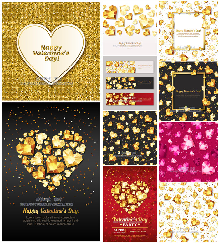 A3634矢量金色钻石风格情人节爱心背景卡片纹理banner AI设计素材