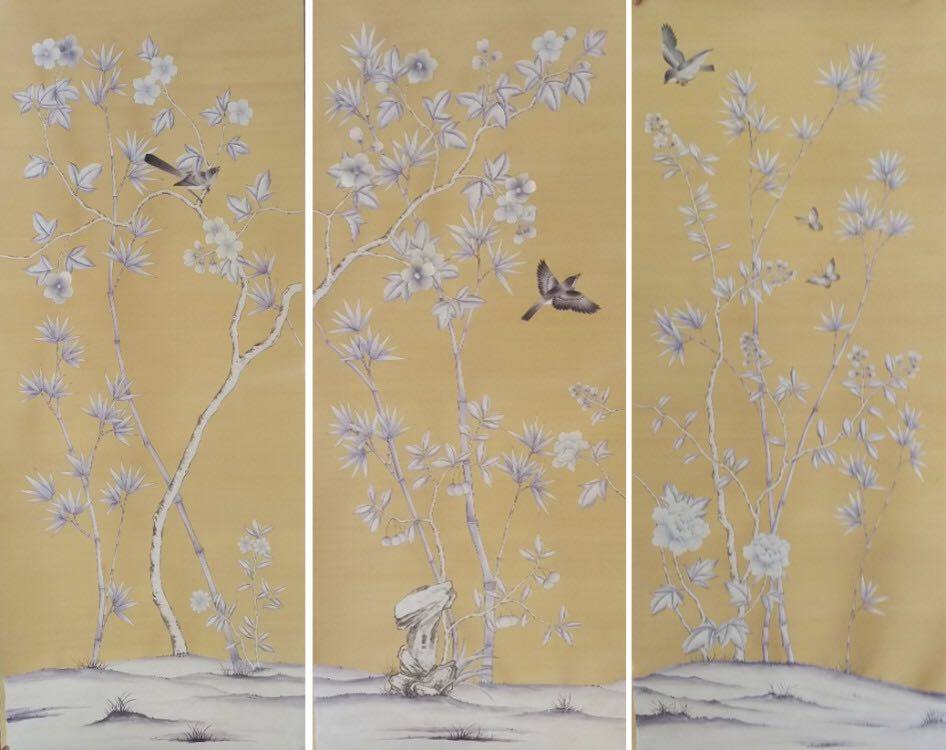 真丝双宫手绘手绣丝绸壁画壁布软包硬包贴面香槟色双宫手绘墙布