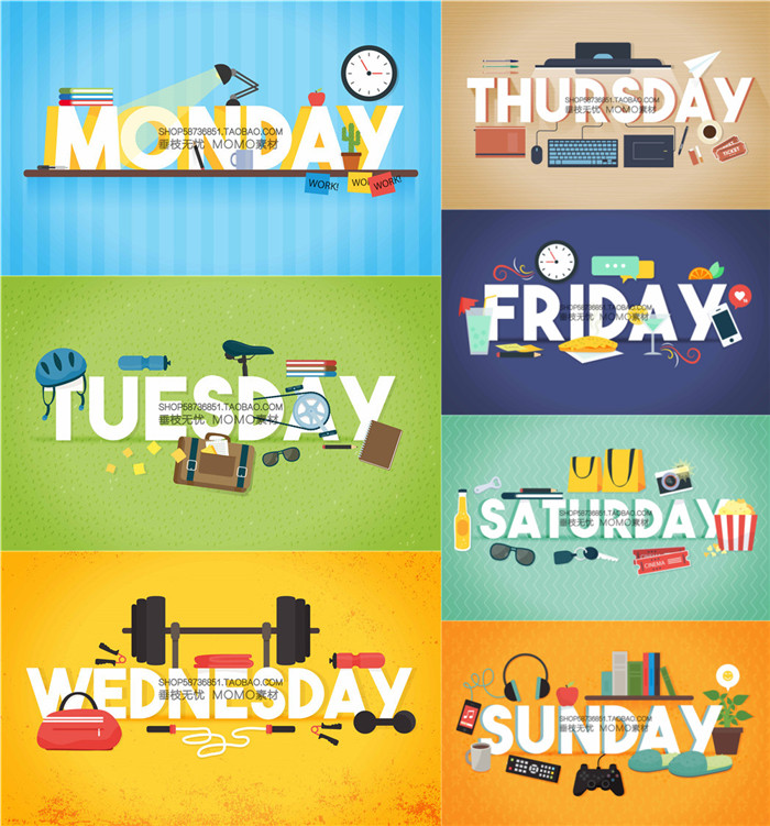 A3183矢量扁平化一周七天工作休息插画 AI设计素材